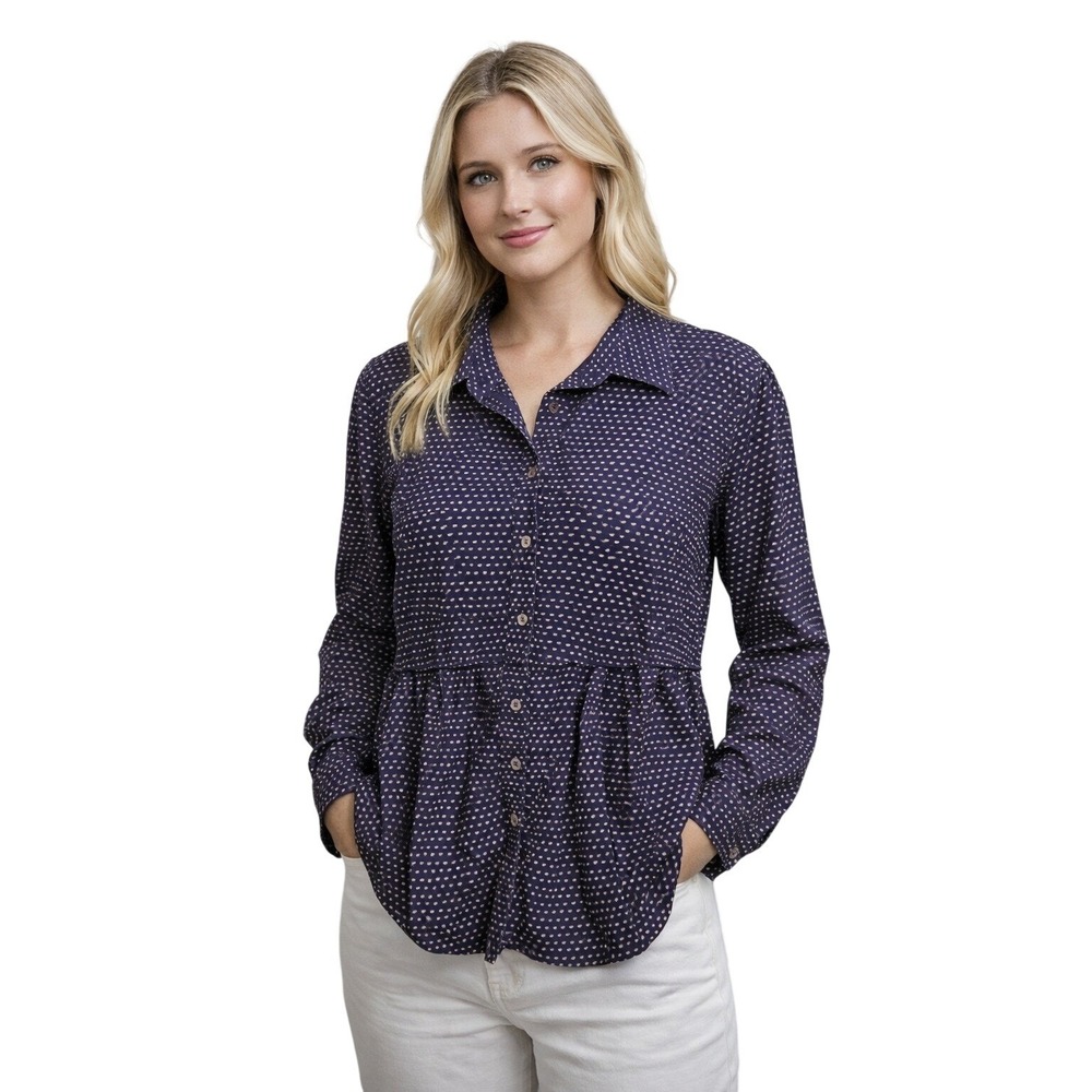 Maeve Anthropologie Peplum‎ Blouse M Navy Micro Dot Cottagecore Boho Romantic